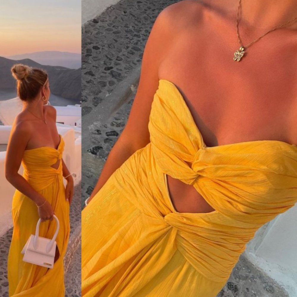 Likely Clea Gown Strapless Cutout Maxi Dress Yellow Gold Tangerine Metallic 14